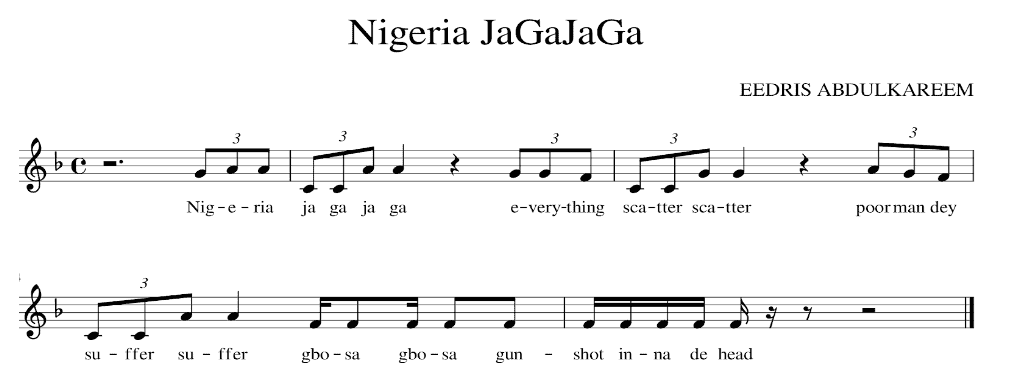 Example 4. Musical score of Edrees Abdu Kareem “Nigeria Jàgà Jágá” (source by author)