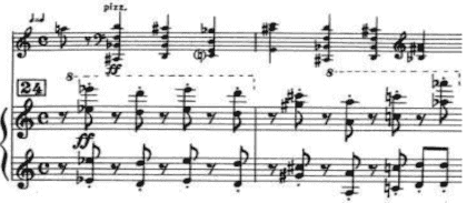 Example 17. Pizzicato techniques in mm. 165–170 with fingering diagrams.