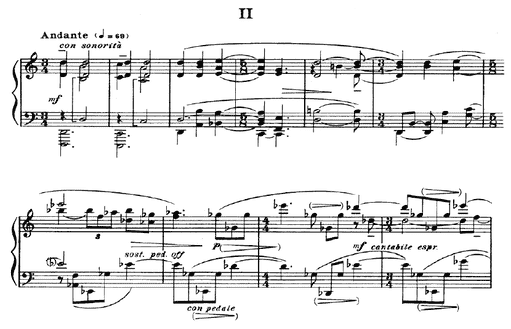 Example 2.16. Opening chordal melody in D Major expands over ostinato in B section in Db Major, mm. 1-6, mm. 33-36.