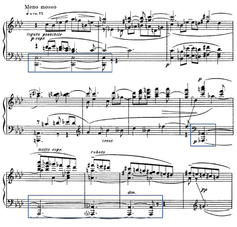 Example 2.9.  Tonal pitches C – Ab emphasize keys of A# and B, mm. 83-93.