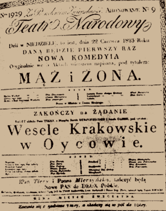 Poster Wesele krakowskie in Oyców (The Krakow Wedding), National Theatre in Warsaw 1823